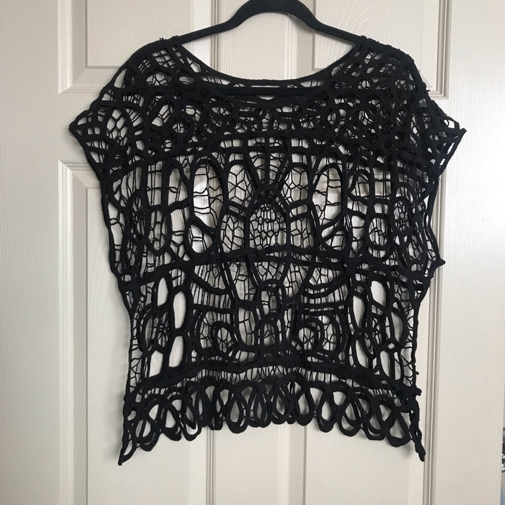 Black crochet cotton blend knit top . Size L